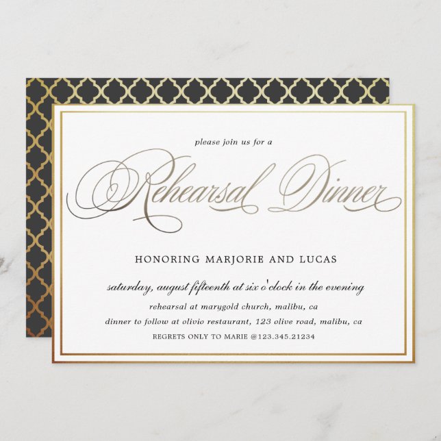 elegant calligraphy guld Rehearsal Dinner Inbjudningar (Fram/baksida)