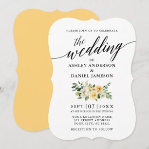 Elegant Calligraphy Gult Blommigt Bröllop Inbjudningar
