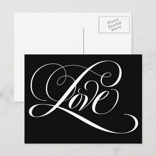 Elegant Calligraphy Kärlek Heart Black Lettering Vykort (Fram/baksida)