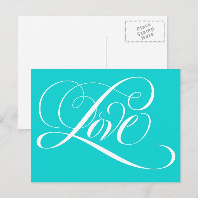 Elegant Calligraphy Kärlek Heart Teal Aqua Blue Vykort (Fram/baksida)