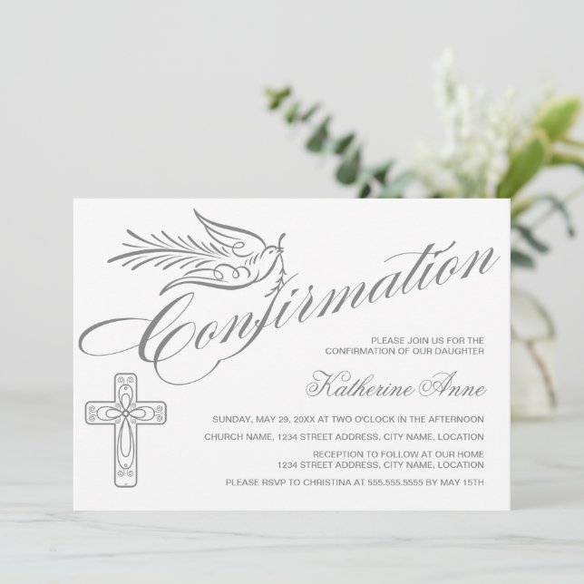 Elegant Calligraphy Kor and Dove Confirmation Inbjudningar (Stående Fram)