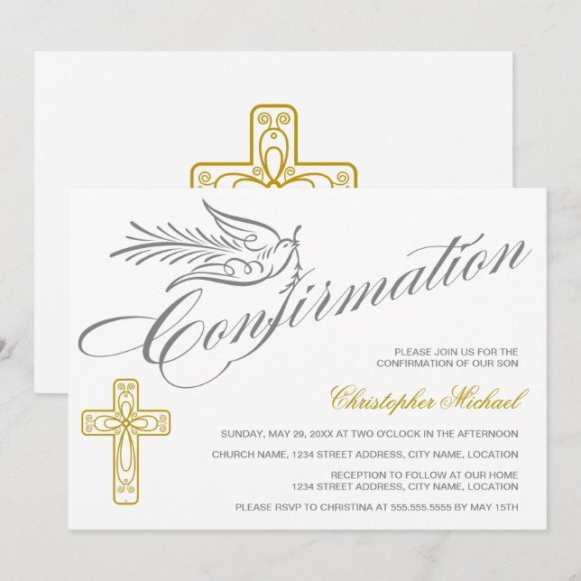 Elegant Calligraphy Kor and Dove Confirmation Inbjudningar (Fram/baksida)