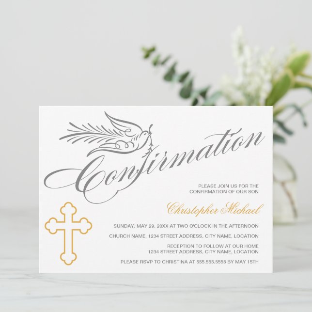 Elegant Calligraphy Kor and Dove Confirmation Inbjudningar (Stående Fram)