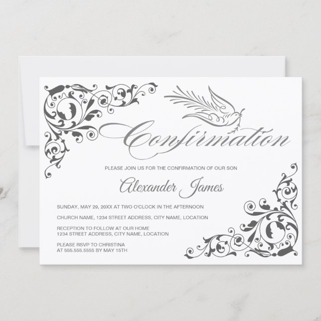 Elegant Calligraphy Kor and Dove Confirmation Inbjudningar (Framsida)