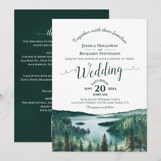 Elegant Calligraphy Lake Tahoe QR Code Wedding Inbjudningar (Fram/baksida)