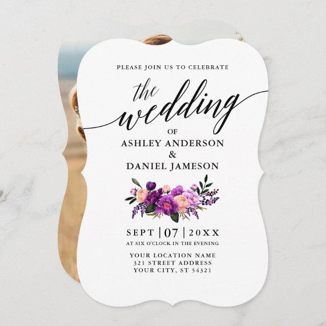 Elegant Calligraphy Lila Blommigt Photo Bröllop Inbjudningar (Fram/baksida)