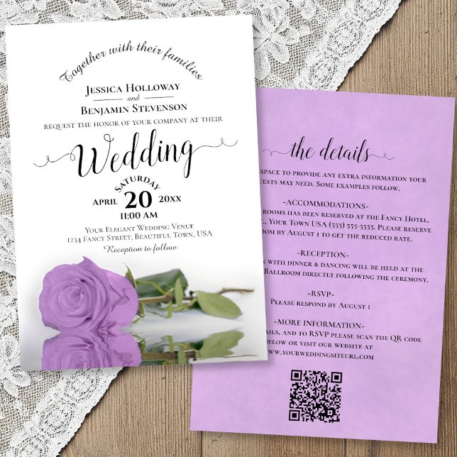 Elegant Calligraphy Lilac Rose QR Code Wedding Inbjudningar (Front/Back)