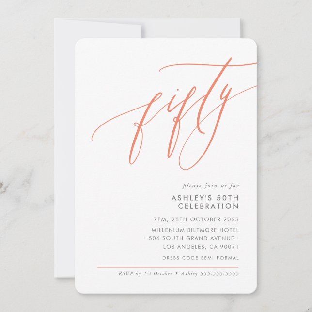 ELEGANT Calligraphy, modern 50:e party-korall Inbjudningar (Framsida)
