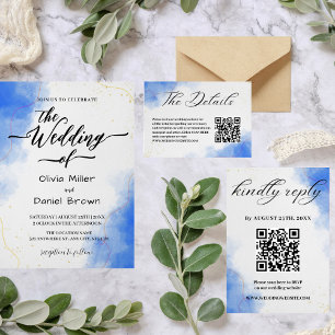 Elegant Calligraphy Modern Blue Watercolor Bröllop Inbjudningar