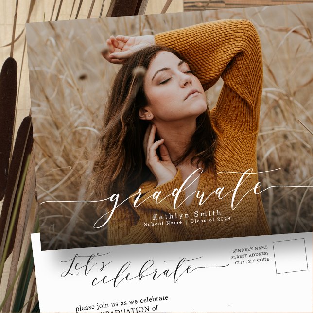 Elegant Calligraphy Modern Chic Photo Studenten Inbjudan Vykort (Skapare uppladdad)