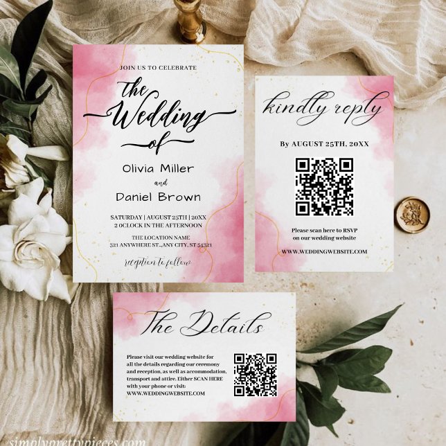 Elegant Calligraphy Modern pink Watercolor Wedding Inbjudningar (Skapare uppladdad)