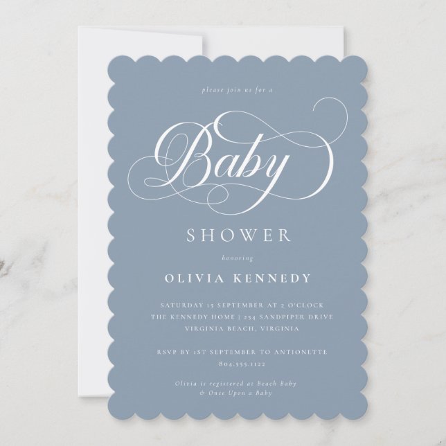 Elegant Calligraphy Modern Script Blue Baby Shower Inbjudningar (Framsida)