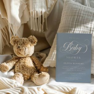 Elegant Calligraphy Modern Script Blue Baby Shower Inbjudningar