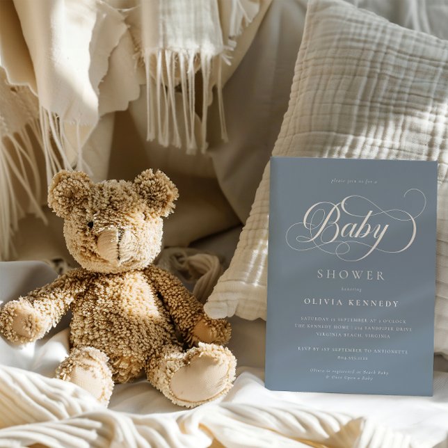 Elegant Calligraphy Modern Script Blue Baby Shower Inbjudningar (Skapare uppladdad)