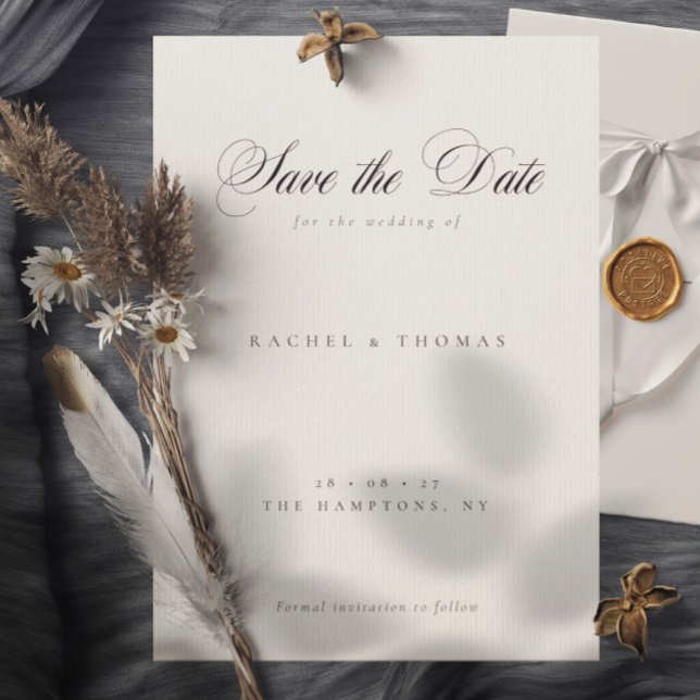 Elegant Calligraphy Monogram Black White Bröllop Spara Datumet (Elegant Calligraphy Monogram Black White Wedding Save The Date)