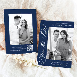 Elegant Calligraphy Navy 2 Photo QR Code Bröllop Spara Datumet