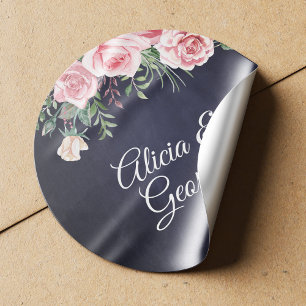 Elegant calligraphy navy blommigt bröllop runt klistermärke