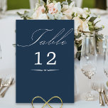 Elegant Calligraphy Navy Blue Bröllop Bordsnummer<br><div class="desc">Bordsnummer med marint blått bröllop med elegant-kalligrafi och redigerbart bordsnummer. Enkel, modern, minimalistisk utformning för kostym i bröllop färg. Bord är skrivet i handskript och mallen är redo för dig att redigera bordsnumret. I min samling i Bröllop Färg finns en samordning av inbjudningar, stationär utrustning och händelsemedagar. Om du vill...</div>