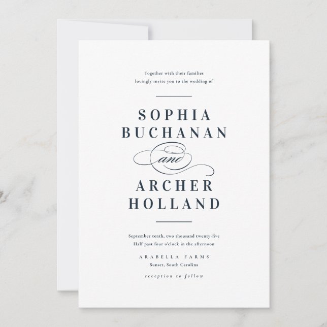 Elegant Calligraphy Navy Blue Bröllop Inbjudningar (Framsida)