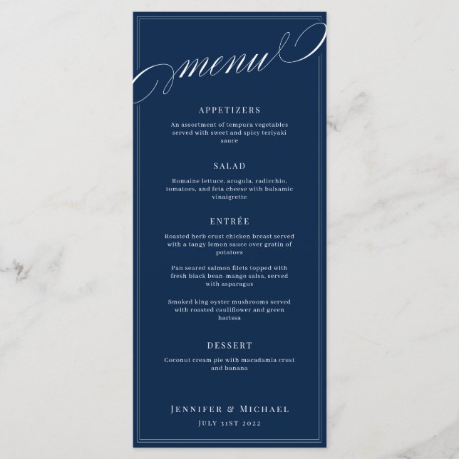 Elegant Calligraphy Navy Blue Classic Bröllop Menu Meny (Framsida)