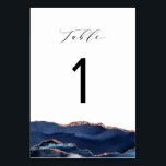 elegant calligraphy navy blue och ro guld agate bordsnummer<br><div class="desc">vattenfärgsblått och ro guld vattenfärgsagat. Bordsnummer kort med modern kalligrafi.</div>