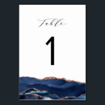 elegant calligraphy navy blue och ro guld agate bordsnummer<br><div class="desc">vattenfärgsblått och ro guld vattenfärgsagat. Bordsnummer kort med modern kalligrafi.</div>