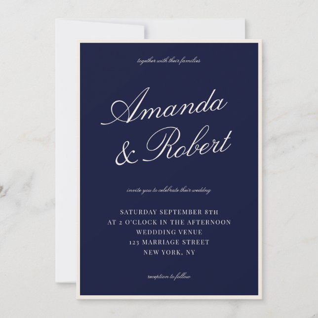 Elegant Calligraphy Navy Blue Old Money Wedding Inbjudningar (Framsida)