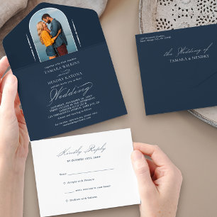 Elegant Calligraphy Navy Blue Photo OSA Bröllop