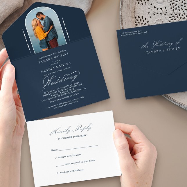 Elegant Calligraphy Navy Blue Photo OSA Bröllop (Skapare uppladdad)