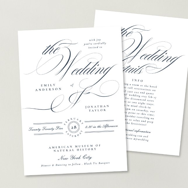 Elegant Calligraphy Navy Blue Wedding Details Back Inbjudningar (Skapare uppladdad)