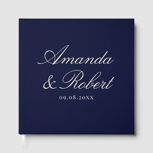 Elegant Calligraphy Navy Blue Wedding Gästböcker (Framsida)