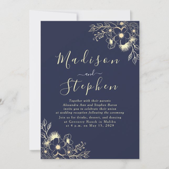 Elegant Calligraphy Navy Blue Wedding Reception Inbjudningar (Framsida)
