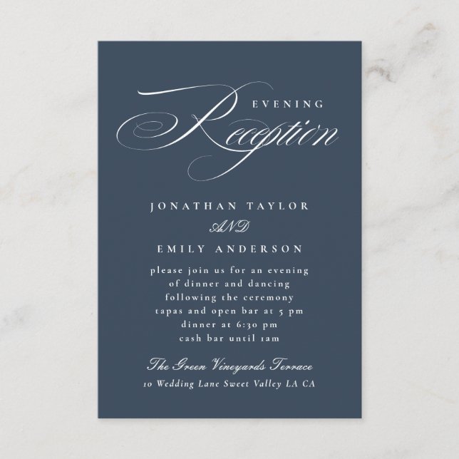 Elegant Calligraphy Navy Blue Wedding Reception Tilläggskort (Framsida)