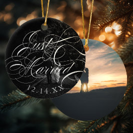 Elegant Calligraphy Ny gifta Bröllop Photo Julgransprydnad Keramik