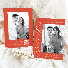 Elegant Calligraphy Orange Photo QR Code Bröllop Spara Datumet