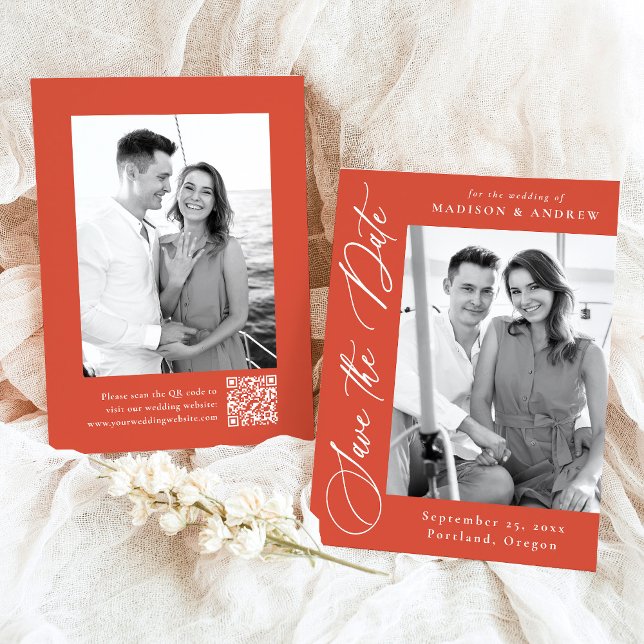 Elegant Calligraphy Orange Photo QR Code Bröllop Spara Datumet (Skapare uppladdad)