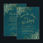 Elegant Calligraphy Ornate Teal and Gold Wedding Spara Datumet<br><div class="desc">These beautiful save the date cards will let your friends and family know about your upcoming wedding. They feature an elegant dark teal and gold design with ornate frills in the corners and fancy script calligraphy reading Save the Date with the names of the couple, wedding date and location. The...</div>
