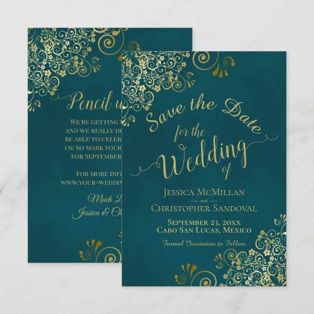 Elegant Calligraphy Ornate Teal and Gold Wedding Spara Datumet (Fram/baksida)