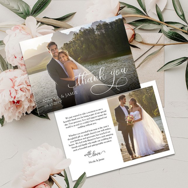 Elegant Calligraphy Overlay Modern 2 Bröllop Photo Tack Kort (Horizontal Wedding Photo Thank You Card with elegant modern calligraphy overlay and 2 photos)