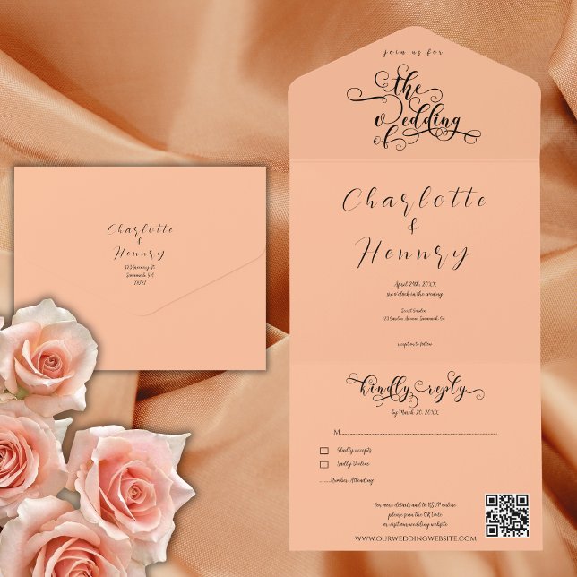 Elegant Calligraphy Peach QR Code Bröllop (Skapare uppladdad)