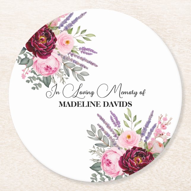 Elegant Calligraphy Peonies Funeral  Underlägg Papper Rund (Framsidan)