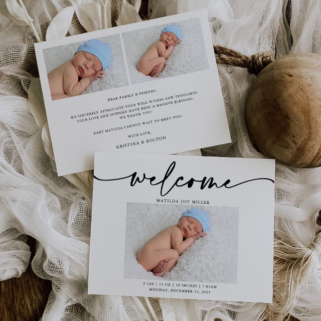 Elegant Calligraphy Photo Birth Notification Card Tack Kort (Skapare uppladdad)