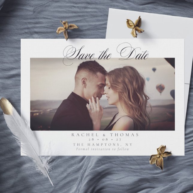 Elegant Calligraphy Photo Black White Bröllop Spara Datumet (Elegant Calligraphy Photo Black White Wedding Save The Date)