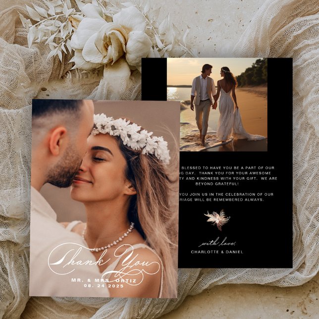 Elegant Calligraphy Photo Bröllop svartvitt Tack Kort (Skapare uppladdad)