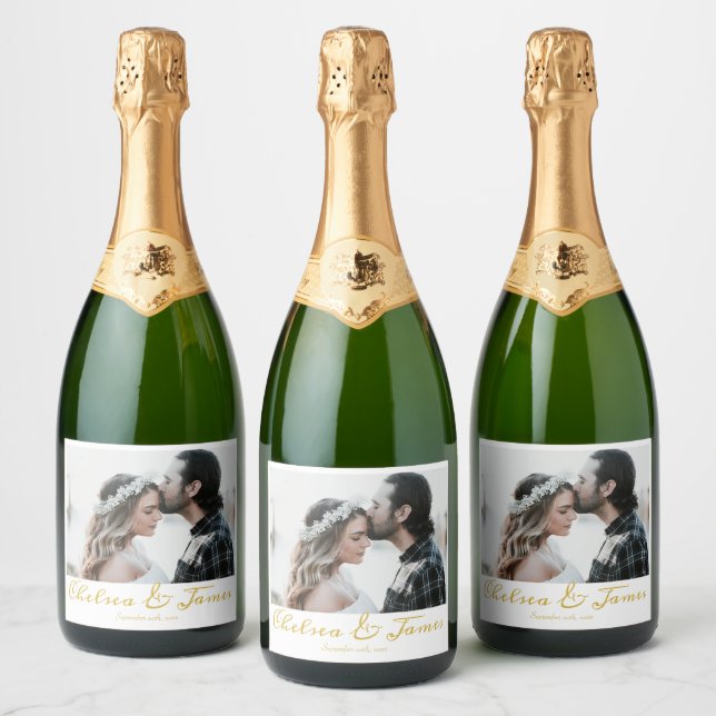 Elegant Calligraphy Photo Guld Sparkling Vin Wedd (Flaskor)