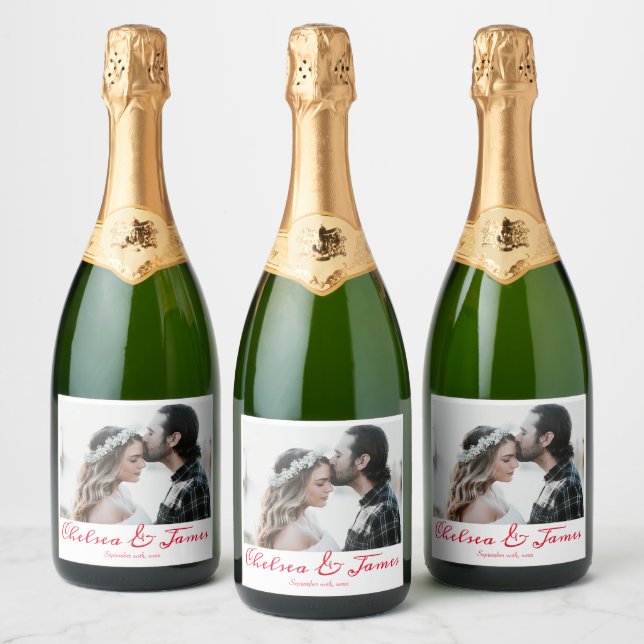 Elegant Calligraphy Photo Red Sparkling Vin Weddi (Flaskor)