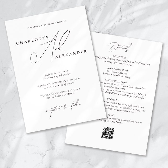Elegant Calligraphy QR Code All in One Bröllop Inbjudningar (Skapare uppladdad)