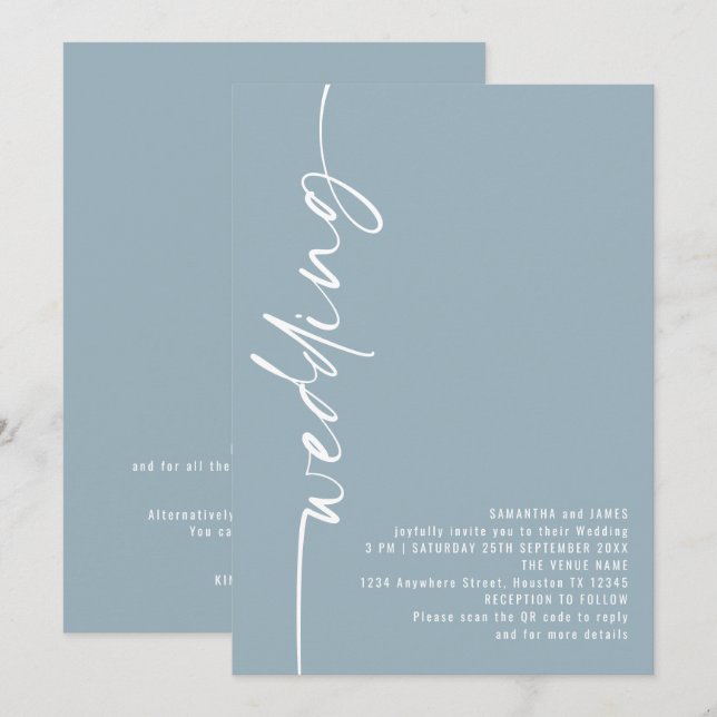 Elegant Calligraphy QR Code Dusty Blue Bröllop Inbjudningar (Fram/baksida)