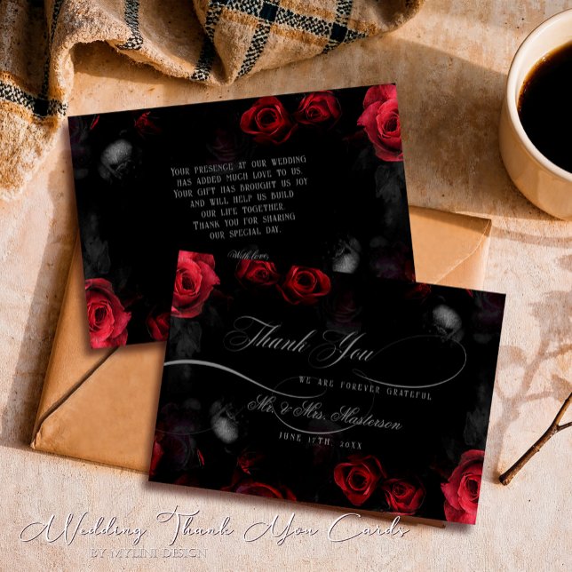 Elegant Calligraphy Red Black Blommigt Bröllop Tack Kort (Skapare uppladdad)