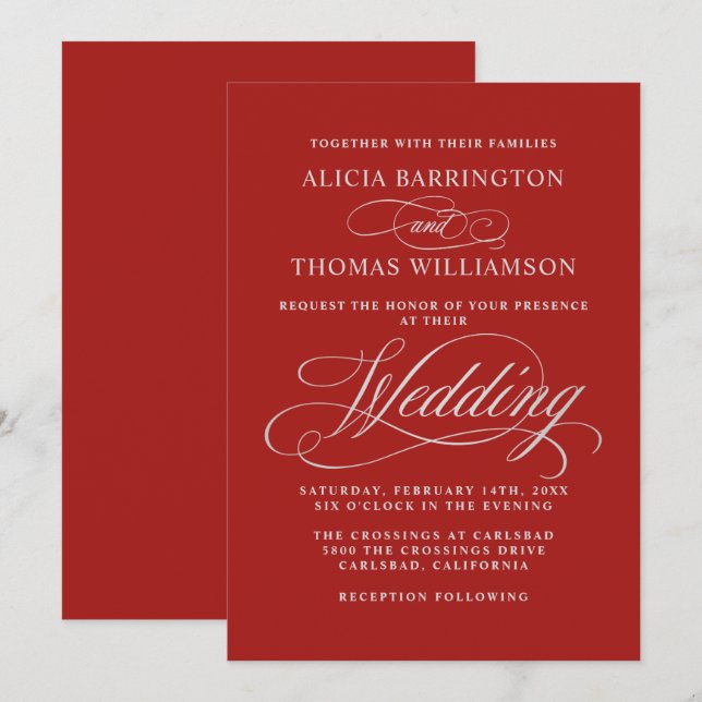 Elegant Calligraphy Red och Silver Bröllop Inbjudningar (Fram/baksida)